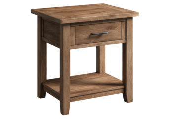 Light brown wooden bedside table with one drawer and lower shelf.  Simple, rectangular shape.  Solid construction
