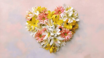 Heart-shaped floral arrangement made of pink daisies, yellow lilies, and white petals on soft pastel background, perfect for Valentine's Day cards, romantic posters, and wedding invitation designs wit