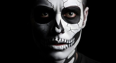 Obraz premium Intense Skeleton Face Paint on Young Person with Cracked Texture Effect and Dramatic Lighting