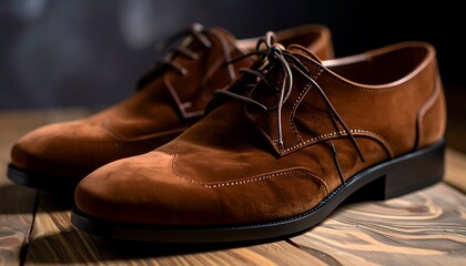 Brown suede dress shoes on wooden surface