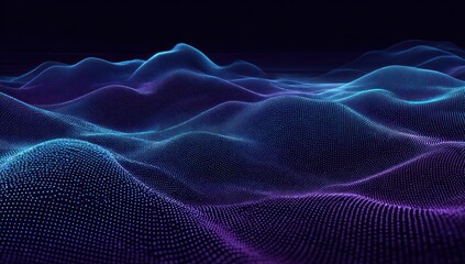 A mesmerizing digital landscape of undulating, glowing, and vibrant blue and purple dotted forms against a dark backdrop.
