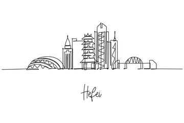 Continuous line drawing of Hefei skyline with pagoda and towers