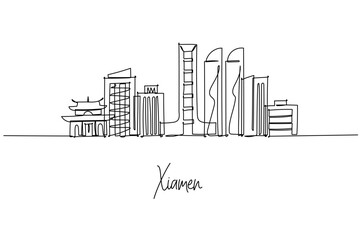 Single line drawing of Xiamen skyline with temples and skyscrapers