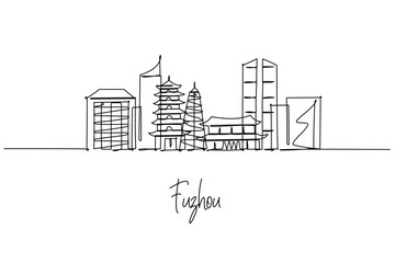 One line drawing of Fuzhou skyline with temples and pagodas