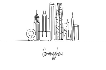 Continuous line drawing of Guangzhou skyline with modern towers
