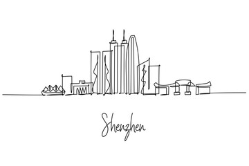 One line drawing of Shenzhen skyline with skyscrapers and coast