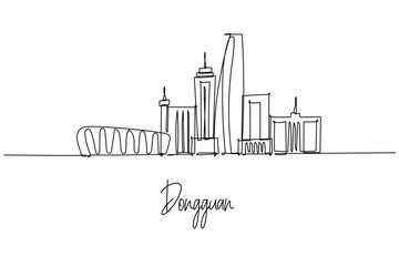 Single line drawing of Dongguan skyline with towers and bridge