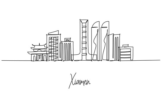 Single line drawing of Xiamen skyline with temples and skyscrapers