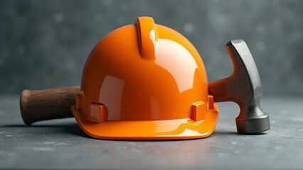 Orange helmet on grey background. 