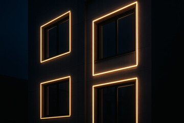 Illuminated building facade with glowing window frames at night