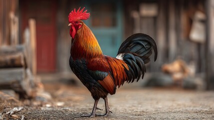 Beautiful rooster standing proud in farmyard looking at camera poultry farm animal photography stock image