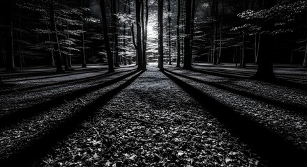 Fototapeta premium Monochromatic forest path bathed in dramatic light and long shadows