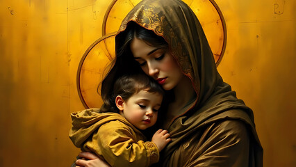 Mother holding her baby tenderly with a golden halo background