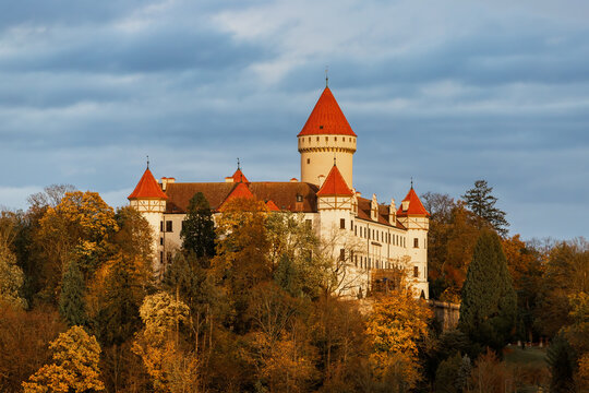 The colourful scenery of autumn season with Konopiste castle. Central Bohemia, Czech Republic 