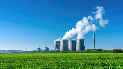 Cooling towers of a power plant emitting steam against a vibrant green field under a clear blue sky