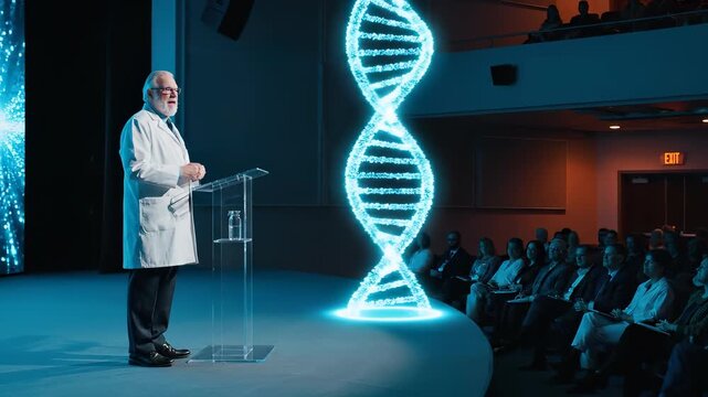 The Scientist's Revelation: A distinguished scientist, illuminated by an ethereal display of a double helix, addresses an engaged audience.