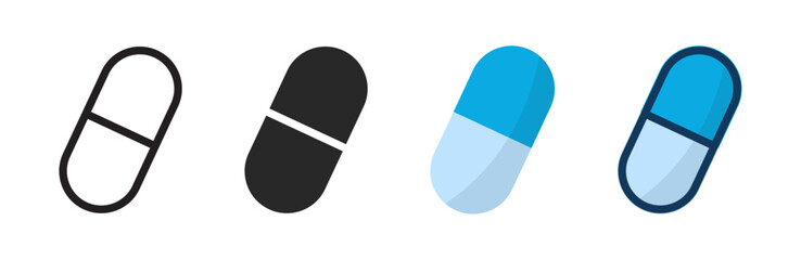 Capsule pill icons representing medicine, healthcare, pharmaceuticals, medication, treatment, health, and wellness in four color variations