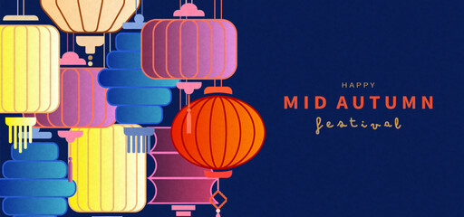 Greeting card for Mid Autumn Festival. Traditional Chinese lanterns in different shapes. Chinese New Year cover background vector.