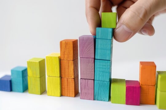 A hand adds a final colorful block to a rising bar graph constructed of colorful wooden blocks, suggesting growth or progress