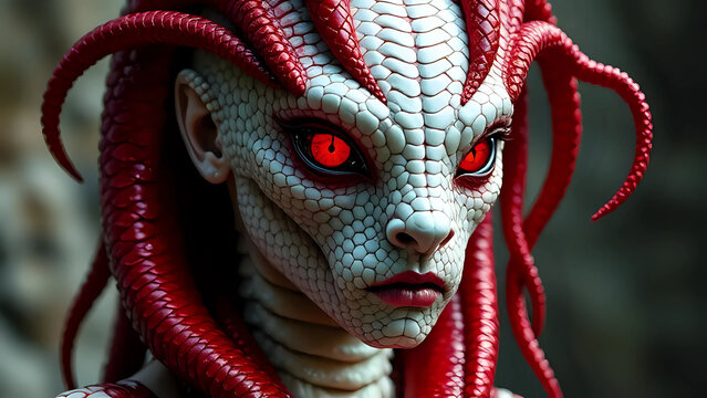 Closeup portrait of a mythical reptilian creature with red eyes
