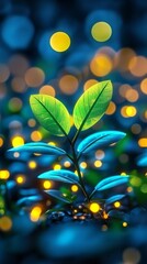 A luminous emerald green new beginnings plant new beginnings sprout, bathed new beginnings in a dreamy glow of warm golden and tranquil azure bokeh lights symbolizing new life discovery and growth in 
