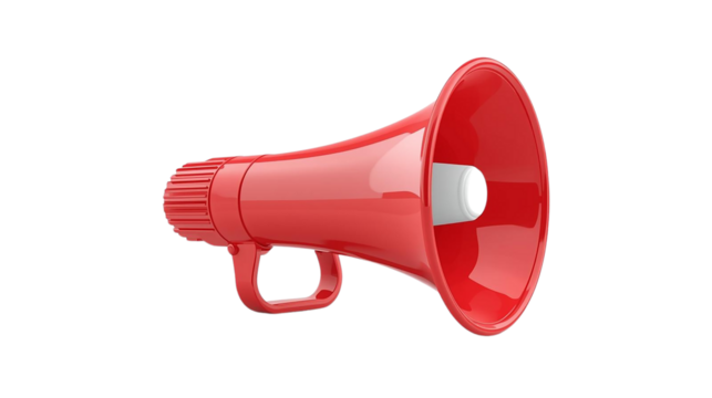 Red megaphone gleams with transparent background. Use for announcements, alerts, branding.