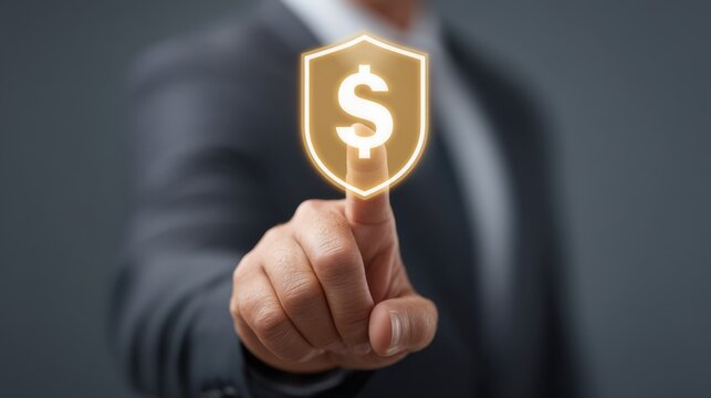 Businessman Showing Digital Shield with Dollar Sign Emphasizing Financial Security and Protection in Modern Financial Environment