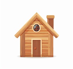 A charming cartoon-style wooden house with a simple design, featuring a brown door, small round window, and a chimney