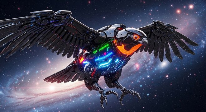 Futuristic cybernetic bird soaring through a vibrant galaxy, showcasing advanced technology and cosmic wonder. - Powered by Adobe
