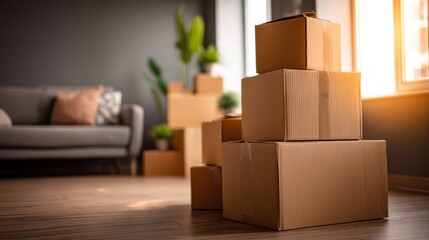 A stack of cardboard moving boxes sits by a sunlit window in a modern living room with plants and a sofa in the background