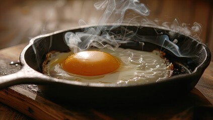 A single fried egg cooks in a dark cast iron skillet, set on a wooden board. Steam rises from the hot egg, which is sunny-side up.  Warm light illuminates the scene