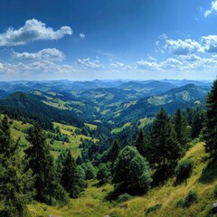 Fototapeta premium Panoramic view of rolling green hills and valleys, dotted with evergreen forests under a vibrant blue sky with scattered clouds