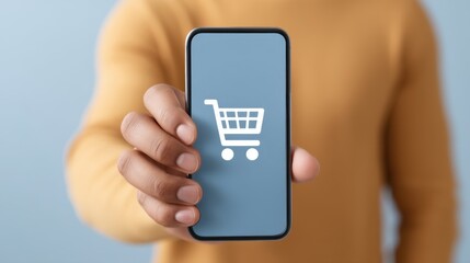 Hand Holding a Smartphone with a Shopping Cart Icon on the Screen, Symbolizing Online Shopping and E-Commerce Experience
