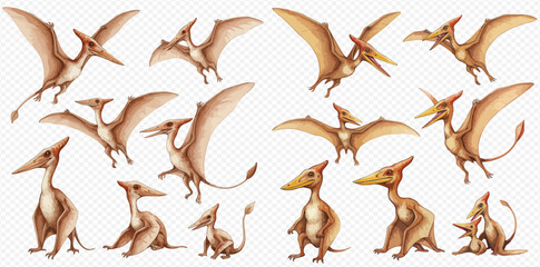 A diverse collection of cartoon Pterodactyls illustrated in various flying, standing, and resting poses. © studio