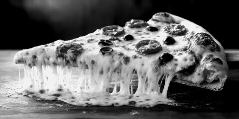 Delicious pizza slice with melting cheese and toppings