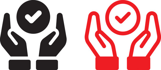 hands, holding, check, mark, tick, verified, approved, confirmed, accepted, success, agreement, assurance, safety, protection, care, support, icon, symbol, black, red, white, graphic, design, vector, 
