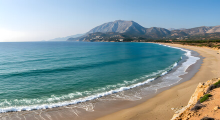 Fototapeta premium Sandy Beach with Turquoise Water and Mountain Backdrop on Clear Day
