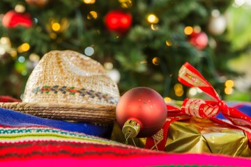 Festive christmas decor with straw hat and colorful gifts in front of holiday tree.