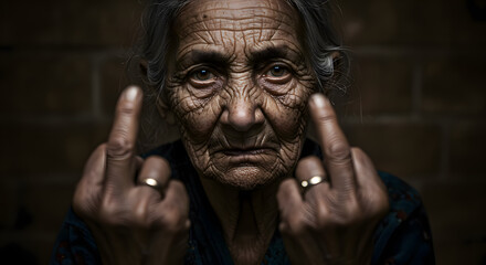 Serious Senior Woman Showing Middle Finger Gesture