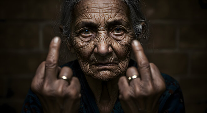 Serious Senior Woman Showing Middle Finger Gesture - Powered by Adobe
