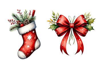 Festive Watercolor Christmas Stocking and Red Bow Holiday Decoration for Greeting Cards and Winter Season Design
