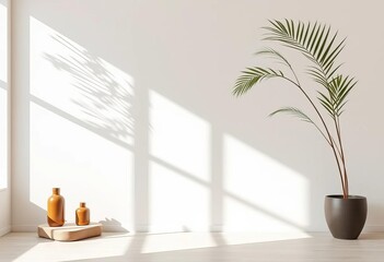 Empty minimalist product display with natural light, plant shadow on white wall Neutral summer background,  still life,  scene