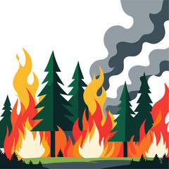 Modern Minimalist Vector of Forest Wildfire Burning Pine Trees with Thick Smoke – Environmental Disaster and Climate Change Illustration