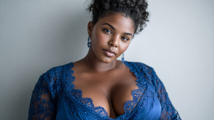 Plus size woman with elegantn dark blue underwear. Por fashion campaigns, wellness concepts, diversity projects, inclusive advertising, beauty editorials, and lifestyle. 