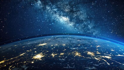 Obraz premium A nighttime view of Earth from space, showcasing city lights against a backdrop of the star-filled Milky Way galaxy. The curve of the planet is prominent, and the contrast between