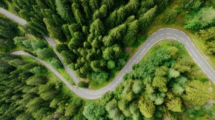 aerial. Aerial view of a serene forest road winding through lush greenery under natural daylight. travel magazines, destination branding, designed for travel destination branding.