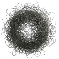 Intricate tangle of gray metallic wires isolated on transparent background