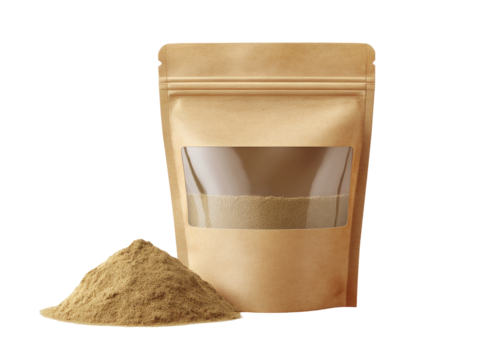 Beige resealable pouch containing light brown powder, next to a pile of the same powder