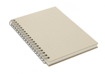 A simple closed spiral bound notebook with blank cream colored pages isolated on transparent background