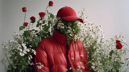 Conceptual person with puffer jacket and cap with flowers and leaves blending. For eco-fashion, sustainability campaigns, modern art, creative advertising, and environmental awareness visuals.